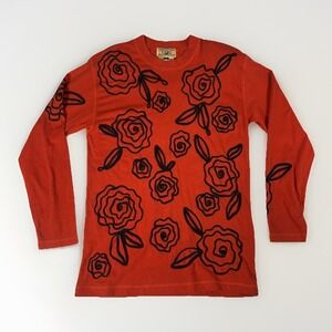 VTG Gene Ewing Bis Wrinkled Rich Sweater Womens Medium Red Rose Embroidered